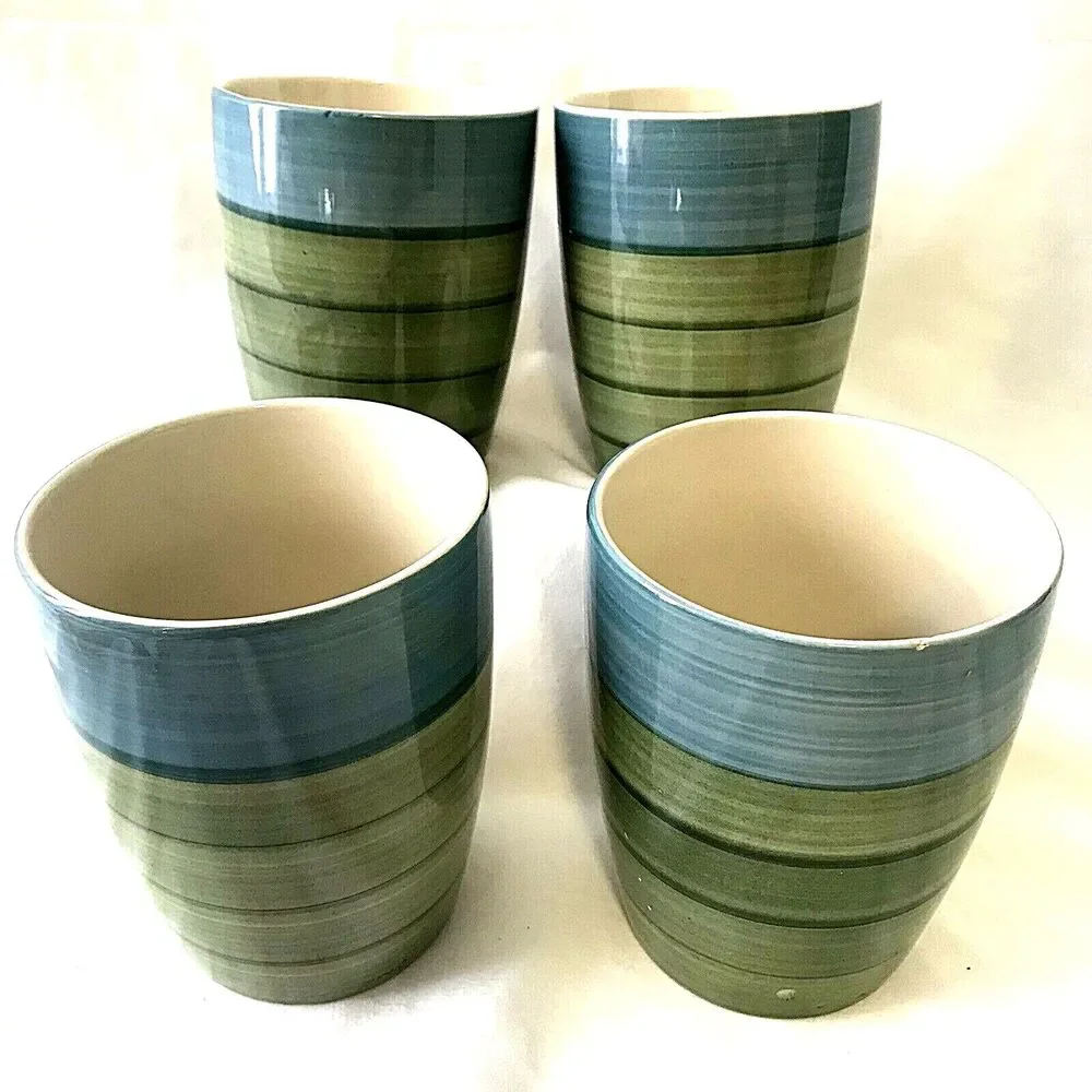 Pier 1 Stoneware Mugs Coffee Tea 4 Set RETIRED Stripe Blue Green Cabincore Beach
